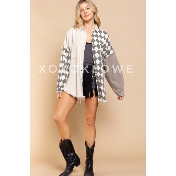 1 L POL Retro 90s Color Block Harlequin Print Denim Twill Shacket - Picture 11 of 14